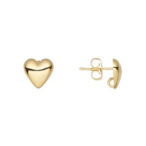 Earstud 1pkg10 gold-plated, 9mm half-dome heart / hidden open loop / earnuts, brass 5 pair