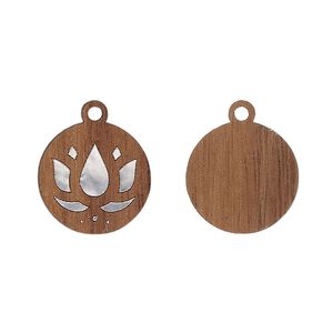 Drop, black walnut (natural) and aluminum foil, 15mm single-sided laser-cut round with lotus design. Sold per pkg of 2.