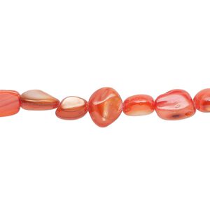 Bead, mother-of-pearl shell (dyed), red-orange, small to large pebble, Mohs hardness 3-1/2. Sold per 30-inch strand.