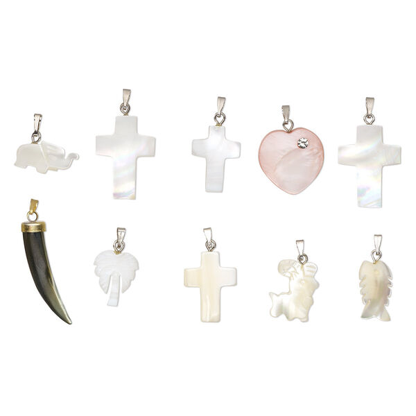Pendant mix, mother-of-pearl shell (natural / bleached / dyed) / glass rhinestone / silver-finished steel / "pewter" (zinc-based alloy), 17x13mm-20x20mm mixed shape. Sold per pkg of 10. image number 0