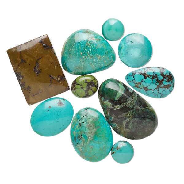 Cabochon mix, magnesite and turquoise (dyed / stabilized), blue / green / blue-green, 6mm-25x16mm non-calibrated freeform, Mohs hardness 3-1/2 to 4. Sold per pkg of 10. image number 0