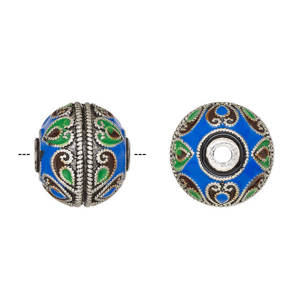 Bead, silver-finished brass and enamel, multicolored, 18.5x17mm rondelle with heart design. Sold individually. image number 0