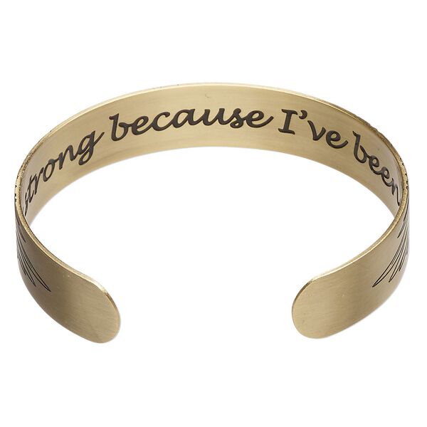 Bracelet cuff 1pkg1 antique gold-finished brass, black, 12mm wide with owl on outside / "I am strong because I've been weak" on inside. image number 1