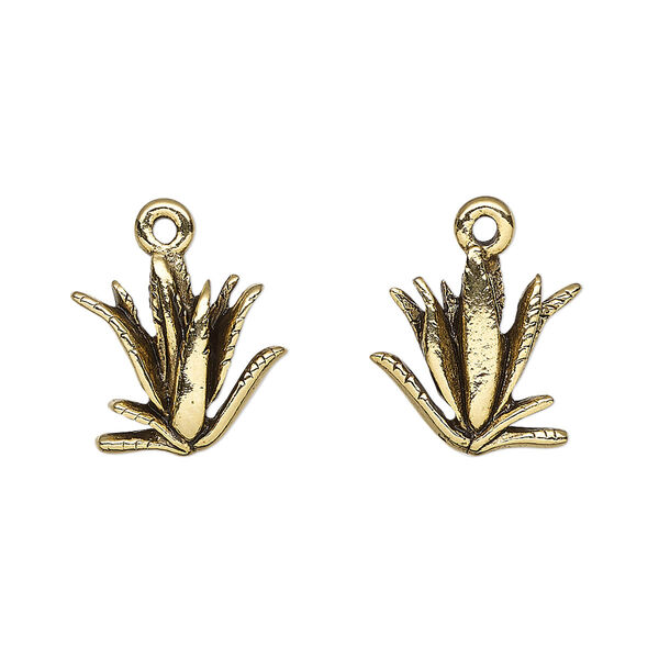 Charm, antique gold-plated pewter (tin-based alloy), 14.5x14mm double-sided aloe. Sold per pkg of 2. image number 0