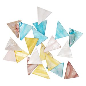 Focal, mother-of-pearl shell (dyed), multicolored, 34x34x27mm-35x35x28mm triangle, Mohs hardness 3-1/2. Sold per pkg of 20.