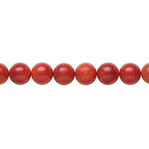 Bead, bamboo coral (dyed), medium to dark red, 6-7mm round, B grade, Mohs hardness 3-1/2 to 4. Sold per 16-inch strand.