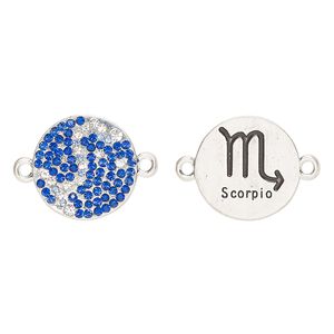 Link, "pewter" (zinc-based alloy)/enamel/cubic zirconia, pkg/1, antique silver finish and mixed colors, 20mm round 2-sided with "Scorpio" and  zodiac symbol.