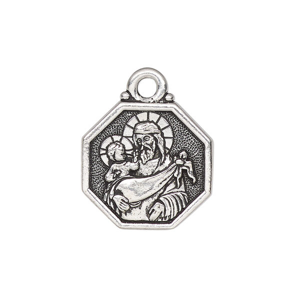 Drop, TierraCast®, antique silver-plated pewter, 20mm 2-sided octagon with Saint Christopher and "Saint Christopher protect us." Sold individually. image number 0