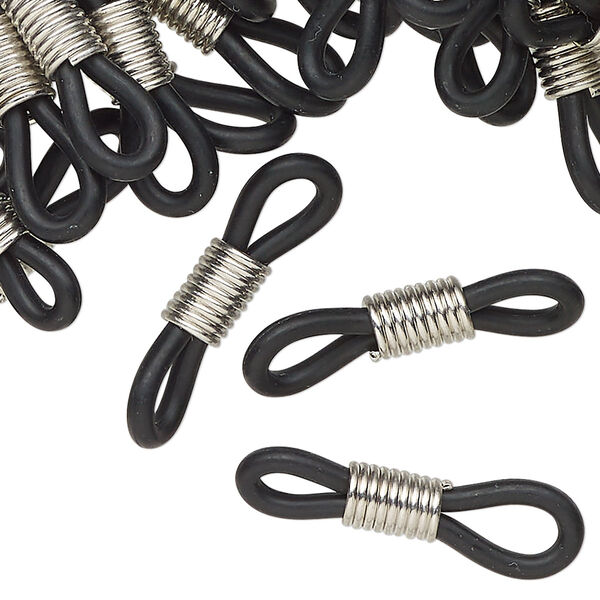 Eyeglass holder, rhodium-finished steel and rubber, black, 25x6mm-26x7mm. Sold per pkg of 100. image number 0