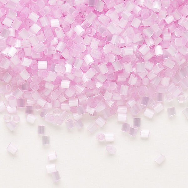 Seed bead, Dyna-Mites™, glass, pkg/1/2kg, #11 cut-off beads cut-off round, translucent silky pink, (361 11/0 CUT OFF). image number 0