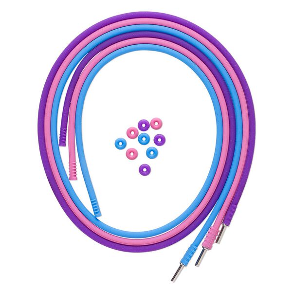 Necklace cord, silicone and stainless steel, pink / purple / blue, 3mm round, 20 inches with pop-style clasp. Sold per pkg of 3. image number 0