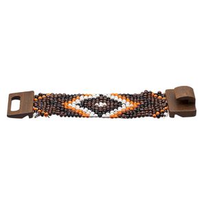 Bracelet, stretch, glass and stained wood, orange and multicolored, 46mm wide with chevron design, 7 inches with hook-and-eye clasp. Sold individually.