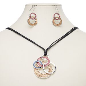 Necklace and earring set, enamel / waxed cotton cord / imitation rhodium-plated steel / brass / "pewter" (zinc-based alloy), multicolored, 54x48mm circles, 18-inch necklace with 2-inch extender chain and lobster claw clasp, 41mm earrings with fishhook ear wire. Sold per set.