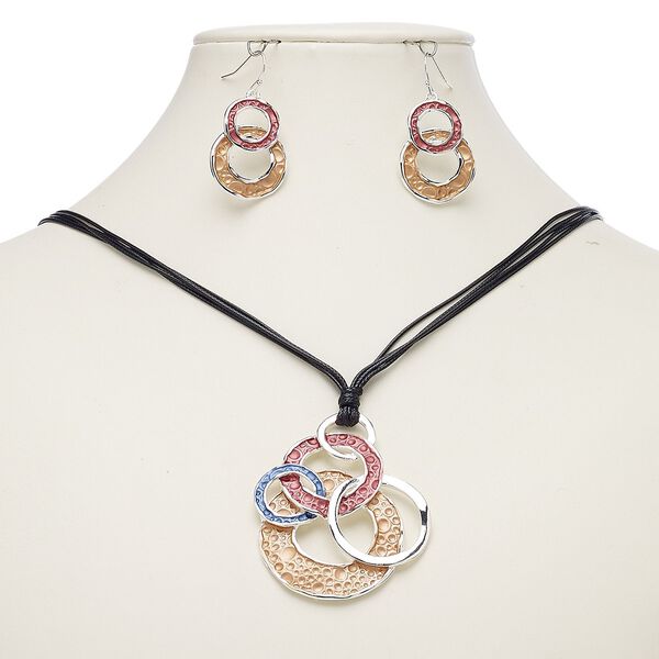 Necklace and earring set, enamel / waxed cotton cord / imitation rhodium-plated steel / brass / "pewter" (zinc-based alloy), multicolored, 54x48mm circles, 18-inch necklace with 2-inch extender chain and lobster claw clasp, 41mm earrings with fishhook ear wire. Sold per set. image number 0