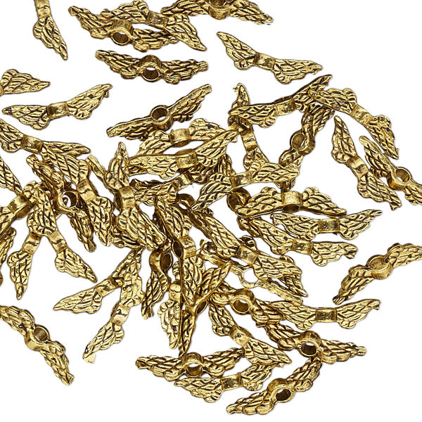 Bead, antique gold-finished "pewter" (zinc-based alloy), 11x3mm double-sided wing. Sold per pkg of 50. image number 0