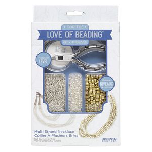 Necklace starter kit, "pewter" (zinc-based alloy) / steel / glass, white / gold / silver. Sold per 912-piece set.