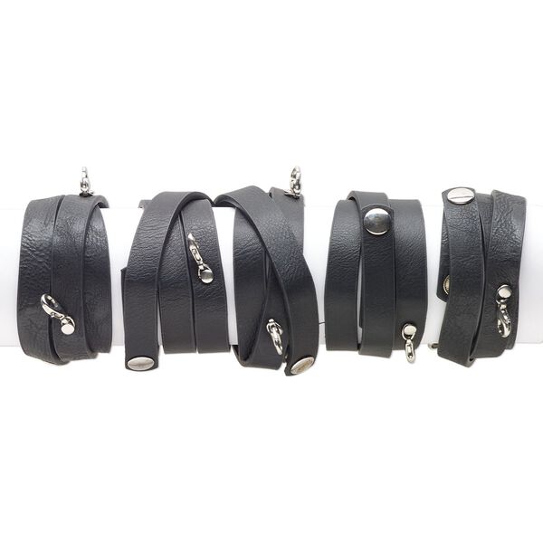Bracelet component, wrap, leatherette and silver-finished "pewter" (zinc-based alloy), black, 12mm wide, 22 inches with (2) lobster claw clasps, adjustable snap closure. Sold per pkg of 5. image number 0