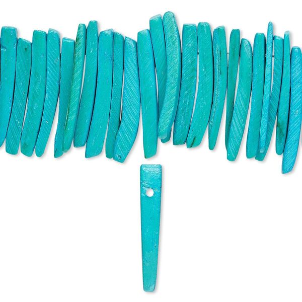 Bead, coconut palm wood (dyed / waxed), aqua blue, 25x4mm hand-cut top-drilled stick. Sold per 15-1/2" to 16" strand. image number 0