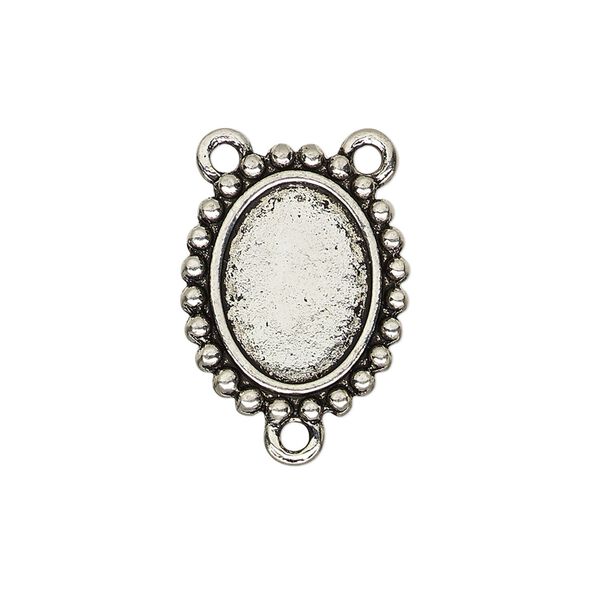 Connector, antique silver-finished "pewter" (zinc-based alloy), 20.5x17mm double-sided oval rosary with beaded design and 14.5x11mm non-calibrated oval cabochon glue-in setting. Sold per pkg of 4. image number 0