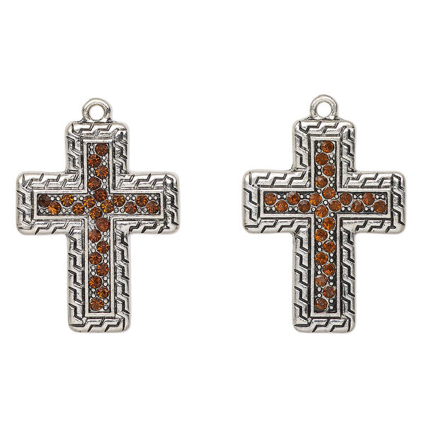 Focal, antique silver-finished "pewter" (zinc-based alloy) and glass, brown, 30x23mm cross. Sold per pkg of 2. image number 0