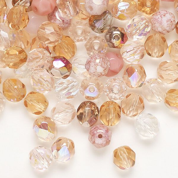 Bead mix, Czech fire-polished glass, pkg/150, 6mm faceted round, opaque and transparent multi-pink. image number 0