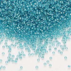 Seed bead, Miyuki, glass, pkg/35g, #15 rocaille, translucent aqua-lined luster crystal clear (RR-1822).