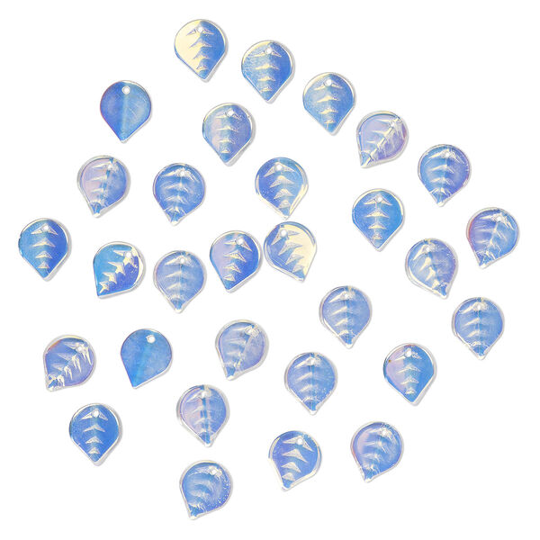 Drop, pressed glass, translucent clear AB, 12 x 10mm pressed leaf, top-drilled. Sold per pkg of 30. image number 0