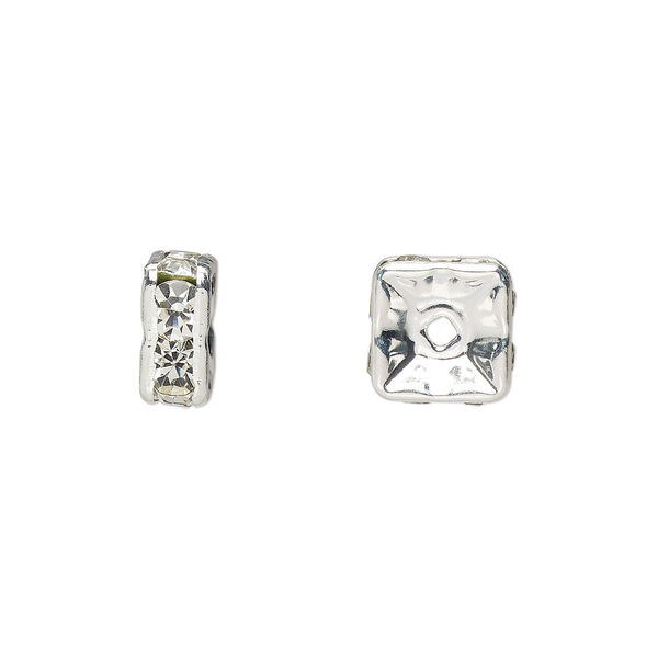 Bead, glass rhinestone and silver-plated brass, clear, 8x4mm squaredelle. Sold per pkg of 10. image number 0