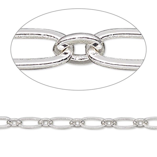 Chain, silver-plated brass, 4mm long and short oval. Sold per pkg of 5 feet. image number 0