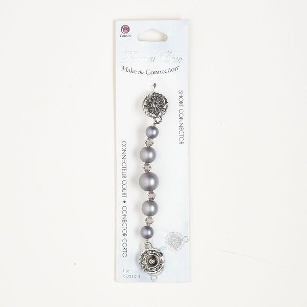 Connector, silver-finished brass / glass / acrylic, grey and  pearlescent grey,  7-12mm round and 6mm bicone. Sold per pkg of 4-1/2 x 1/2 inches. image number 0