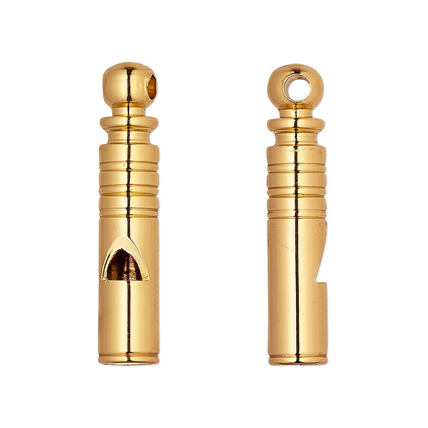 Focal, gold-finished brass, 31x6mm round tube whistle with lines. Sold per pkg of 2. image number 0