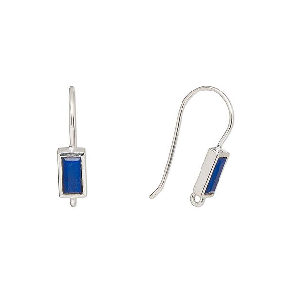 Ear wire fishhook 1pkg2 sterling silver / lapis lazuli (natural), 16mm / 7x4mm rectangle / hand-cut / closed loop, 22 gauge 1 pair image number 0