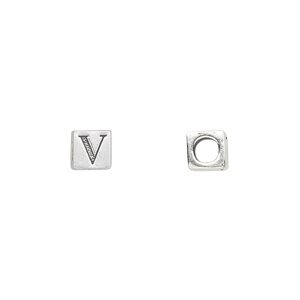 Bead, sterling silver, 5.5mm cube with alphabet letter "V." Sold individually.