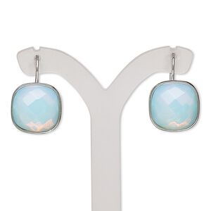 Earring, sea "opal" glass and silver-finished "pewter" (zinc-based alloy), 21mm with square and fishhook ear wire. Sold per pair.