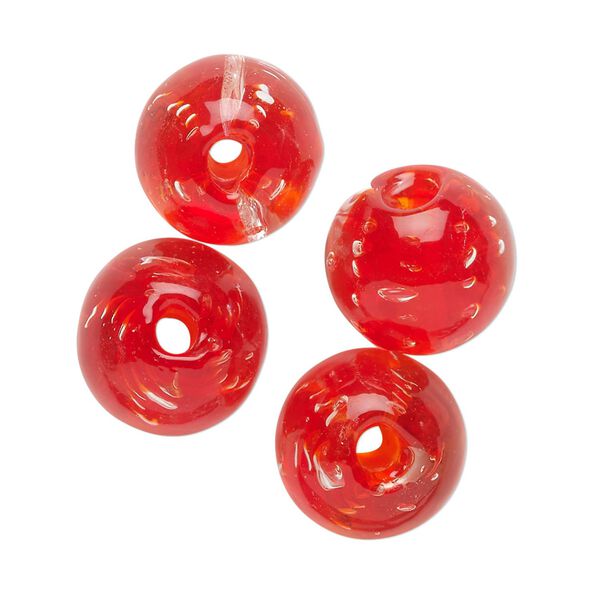Bead, lampworked glass, translucent red, 14mm round. Sold per pkg of 4. image number 0