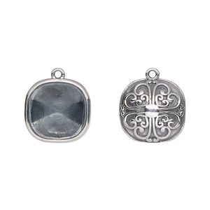 Drop, Almost Instant Jewelry®, antiqued sterling silver, 14mm rounded square with 12mm cushion setting and filigree heart back design. Sold individually.