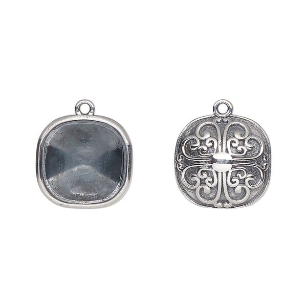 Drop, Almost Instant Jewelry®, antiqued sterling silver, 14mm rounded square with 12mm cushion setting and filigree heart back design. Sold individually. image number 0