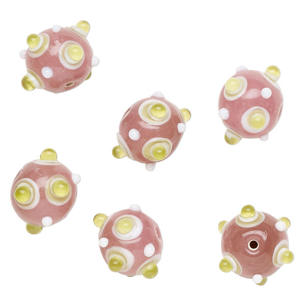 Bead, lampworked glass 1pkg6, opaque pink / white / green, 22x15mm bumpy rondelle. image number 0