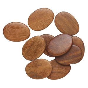 Bead, wood (dyed), walnut brown, 40x30mm-41x30mm flat oval. Sold per pkg of 10.