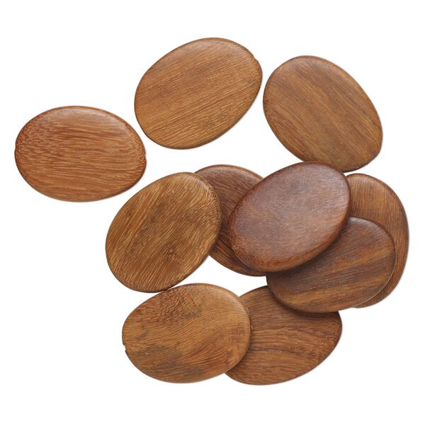 Bead, wood (dyed), walnut brown, 40x30mm-41x30mm flat oval. Sold per pkg of 10. image number 0