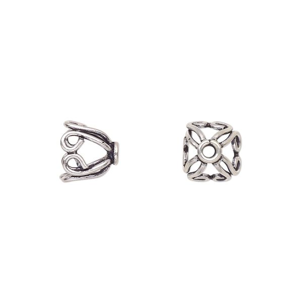 Bead cap, antiqued sterling silver, 11x8.5mm open round with scroll design, fits 8-12mm bead. Sold per pkg of 4. image number 0