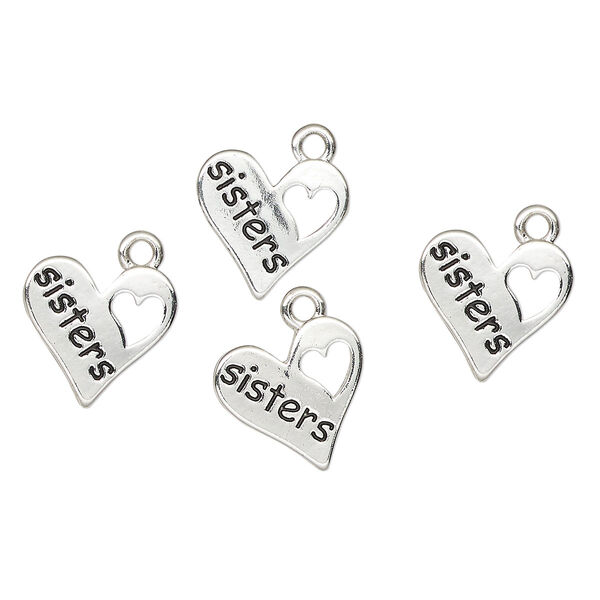 Charm, antique silver-finished "pewter" (zinc-based alloy), 14x13mm heart with sisters. Sold per pkg of 4. image number 0