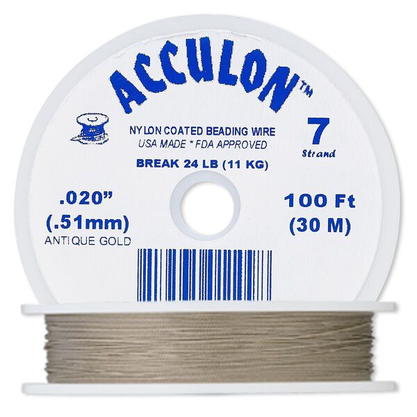 Beading wire, Acculon®, nylon-coated stainless steel, gold color, 7 strand, 0.020-inch diameter. Sold per 100-foot spool. image number 0
