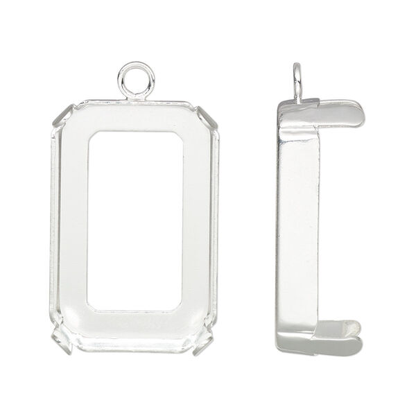 Drop, silver-plated brass, 28x19.5mm rectangle with closed loop and 27x18.5mm 4-prong faceted rectangle setting (4627) with open back. Sold per pkg of 4. image number 0