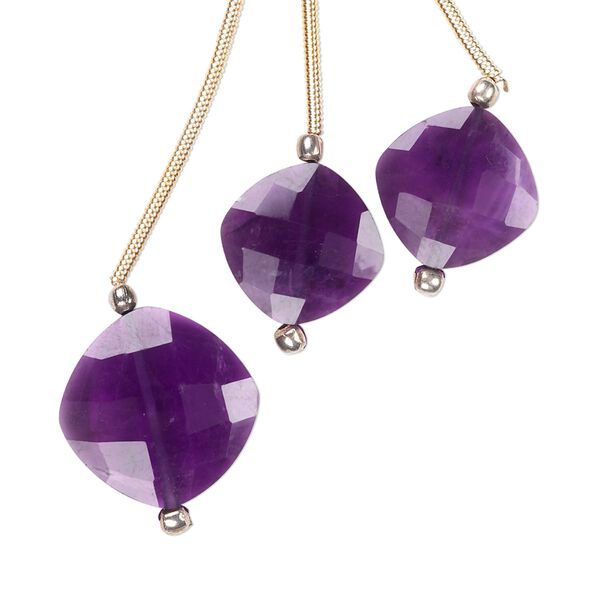 Amethyst 1pkg3, hand-cut checkerboard-faceted puffed diamond bead natural 14mm / 11mm image number 0