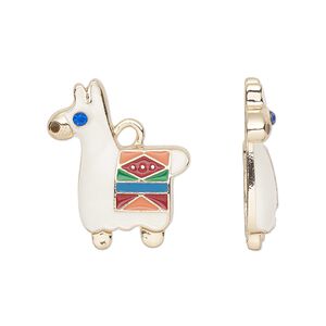 Charm, enamel / glass / gold-finished pewter (tin-based alloy), multicolored, 23x19.5mm llama. Sold per pkg of 2.