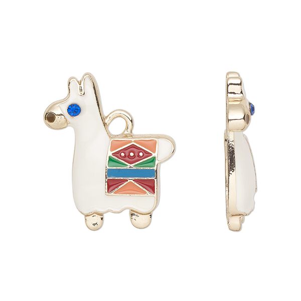 Charm, enamel / glass / gold-finished pewter (tin-based alloy), multicolored, 23x19.5mm llama. Sold per pkg of 2. image number 0
