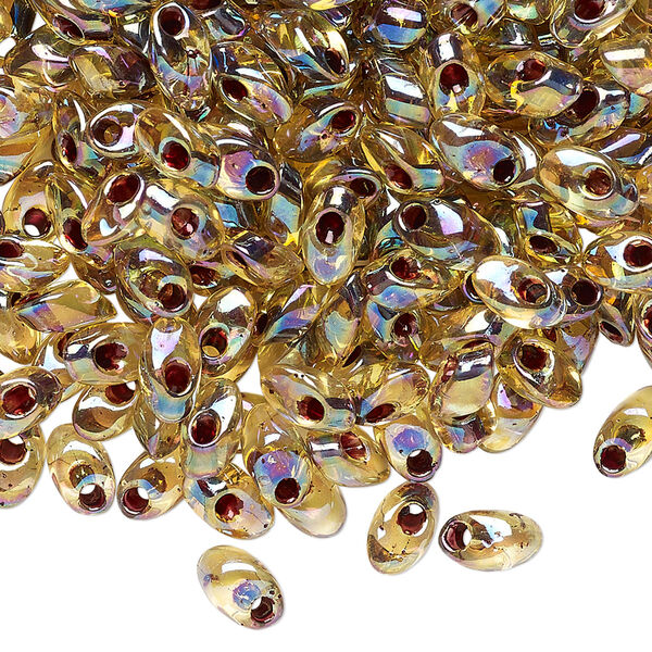 Seed bead, Miyuki, glass, pkg/10g, 7x4mm long magatama, translucent garnet inside dyed color light topaz (LMA-2161). image number 0