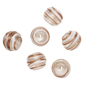 Bead, lampworked glass 1pkg6, clear / translucent white / copper-colored glitter, 15x12mm rondelle with swirl.