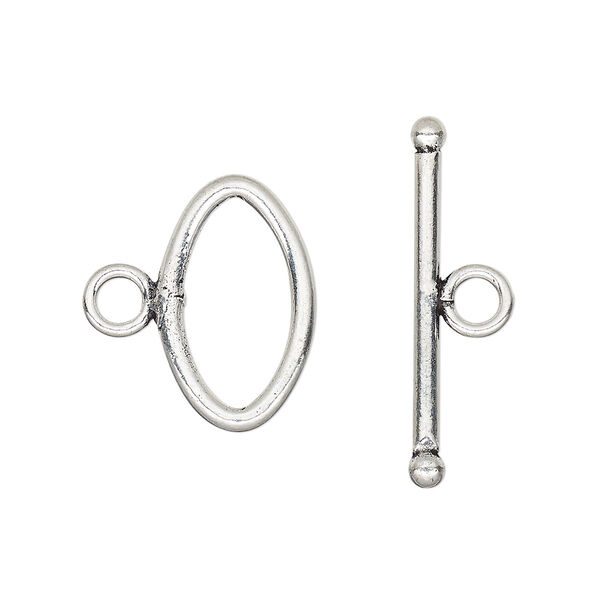 Clasp, toggle, antique silver-plated copper, 20x12mm oval. Sold per pkg of 4. image number 0